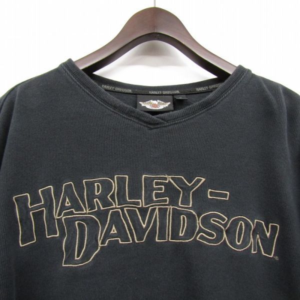  размер L HARLEY DAVIDSON длинный рукав V шея тренировочный cut and sewn вышивка черный Harley Davidson б/у одежда Vintage 3S1609