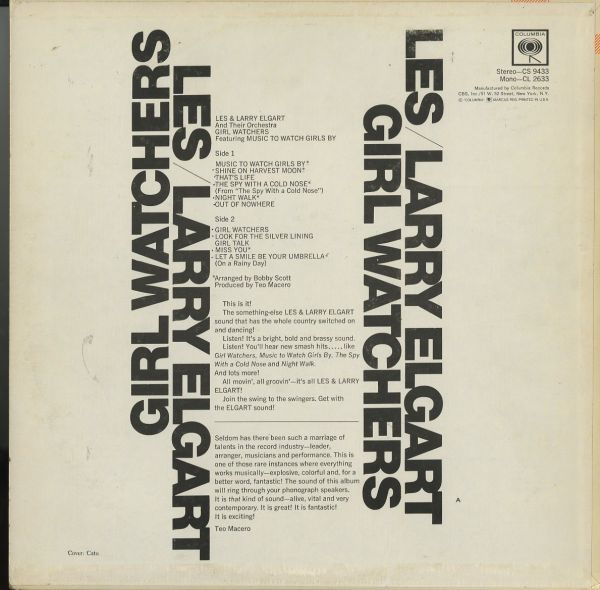 USオリジLP！2EYEラベル Les & Larry Elgart /Girl Watchers Feat. Music To Watch Girls By【Columbia CS 9433】Easy Listning ボサノヴァ_画像3