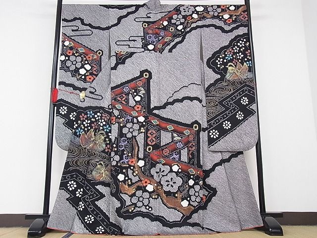 人気を誇る 平和屋-こころ店□極上 振袖 総絞り 花鳥風景文 黒地 金彩