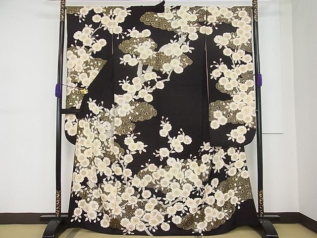 平和屋1■希少 振袖 単衣 駒刺繍 枝桜 黒地 金彩 逸品3s20293の画像1