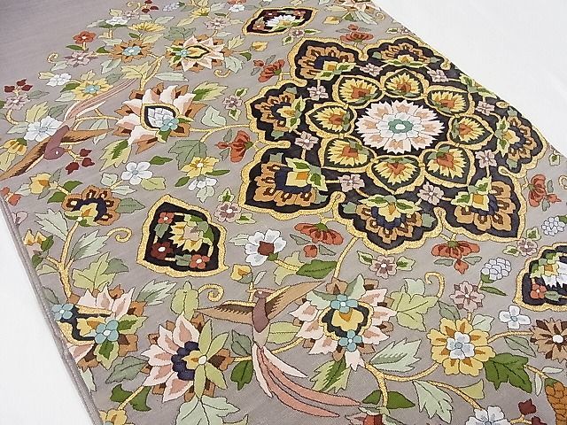 平和屋-こころ店□明綴れ 袋帯 花鳥文 金糸 正絹 逸品 B-ph7280-日本