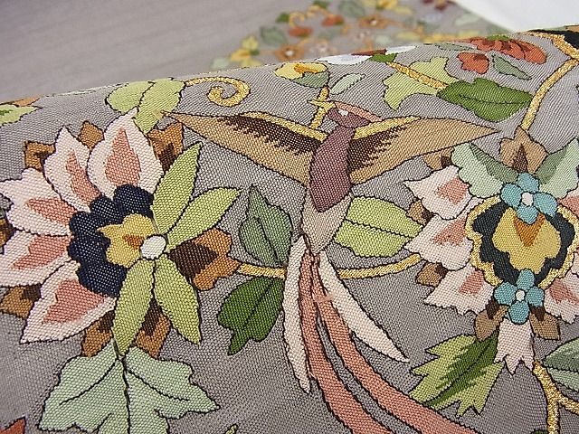 平和屋-こころ店□明綴れ 袋帯 花鳥文 金糸 正絹 逸品 B-ph7280-日本
