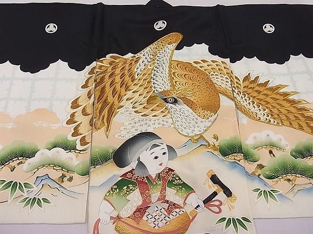 平和屋1■男の子　祝着　産着　初着　長襦袢セット　のしめ　お宮詣り　刺繍　鷹　童子笹竹松文　金彩　逸品　ut5099_画像3