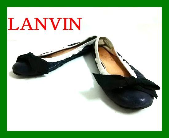 LANVIN flat shoes 36 leather × chemistry fiber navy × black 