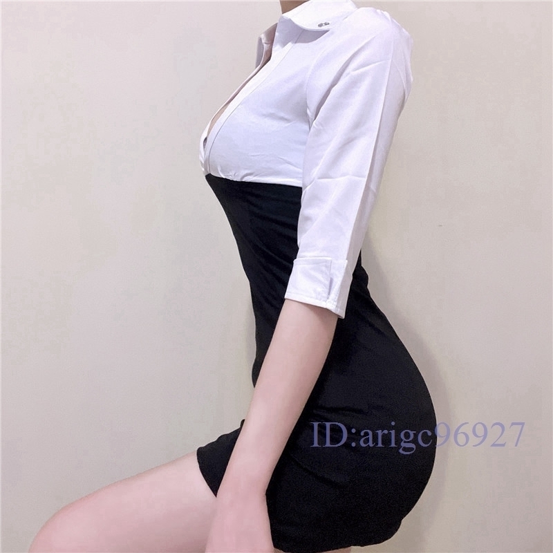 E803* sexy *ero..?... material *biju- attaching *V neck *kashu cool * shirt switch *bai color * tight One-piece * white × black 