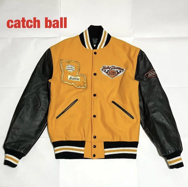 【人気】catch ball　キャッチボール　スタジャン　袖レザー　刺繍ロゴ　ワッペン　ハーレーダビッドソン　バイカラー　コラボ　USA製　90s