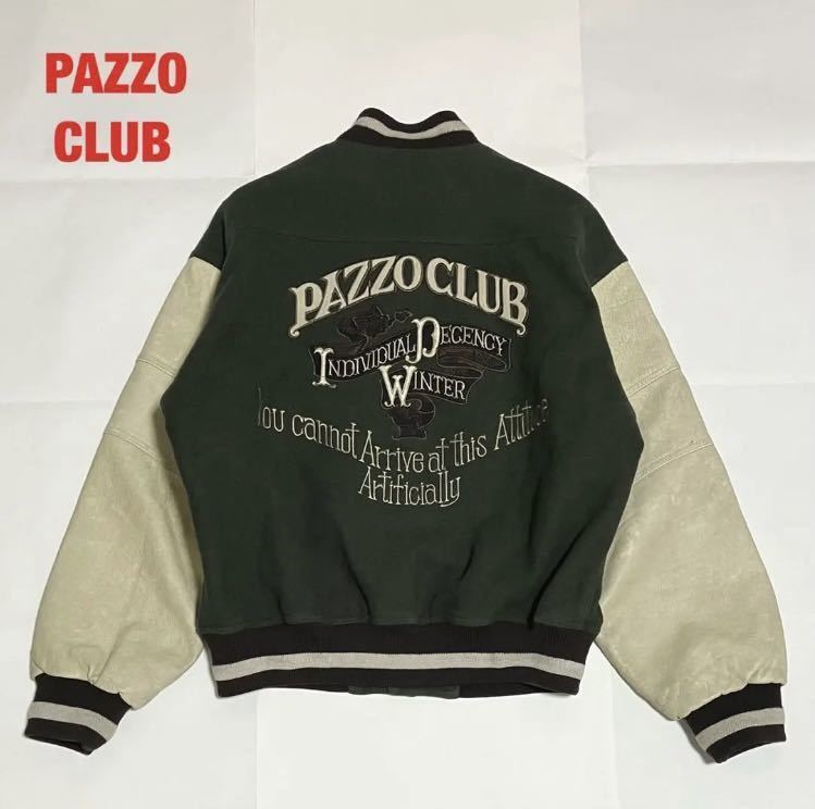 【人気】PAZZO CLUB　パッゾ　スタジャン　刺繍　牛革レザー　ウール　バイカラー　前後デザイン　切り替え　オーバーサイズ　ブランドロゴ