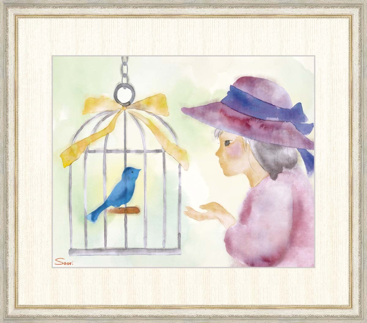 高精細デジタル版画 額装絵画 榎本 早織（えのもと さおり）作 「少女と青い鳥」 F8_画像1