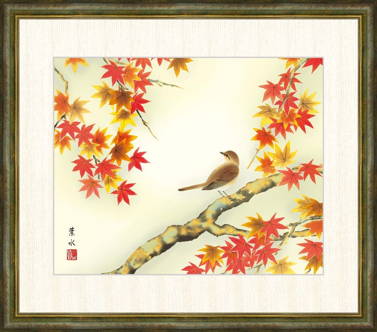 高精細デジタル版画 額装絵画 緒方葉水作 「紅葉に小鳥」 F8_画像1