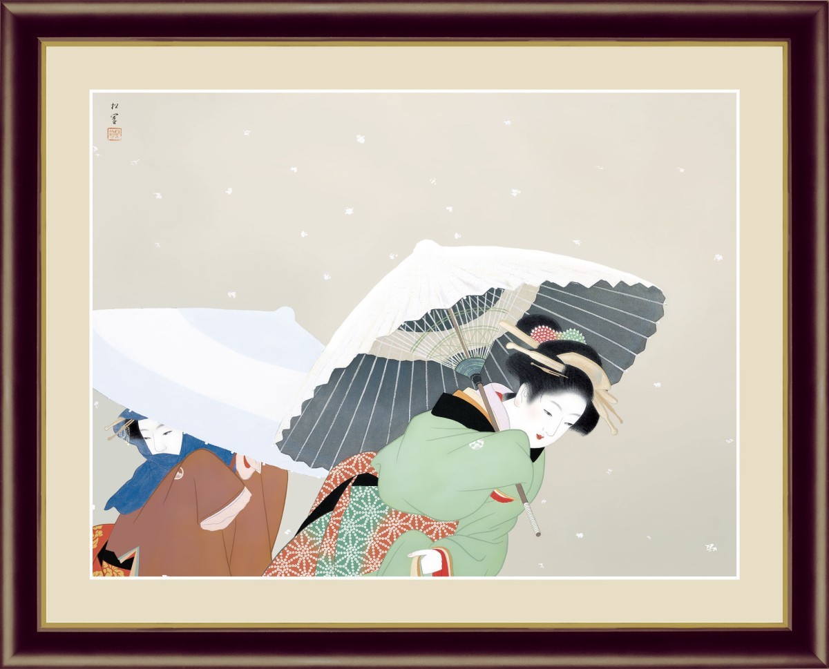 稗田 一穂、新大橋、希少豪華画集画、新品高級額・額装付 稗田 一穂、「浜辺微風」、希少画集、額装画、日本製・新品額に