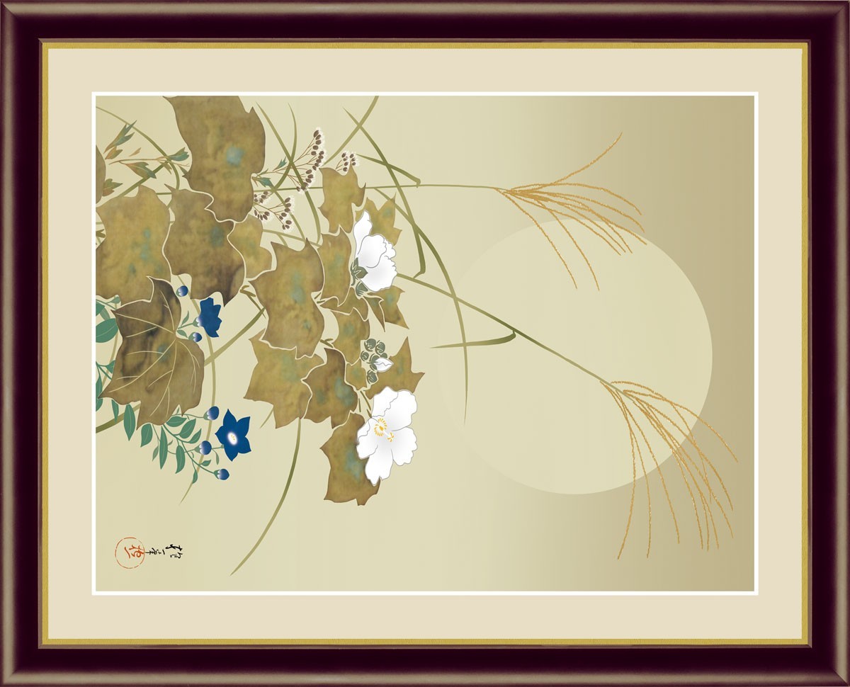 高精細デジタル版画 額装絵画 日本の名画 酒井 抱一 「秋草に螽斯図」 F6美術品