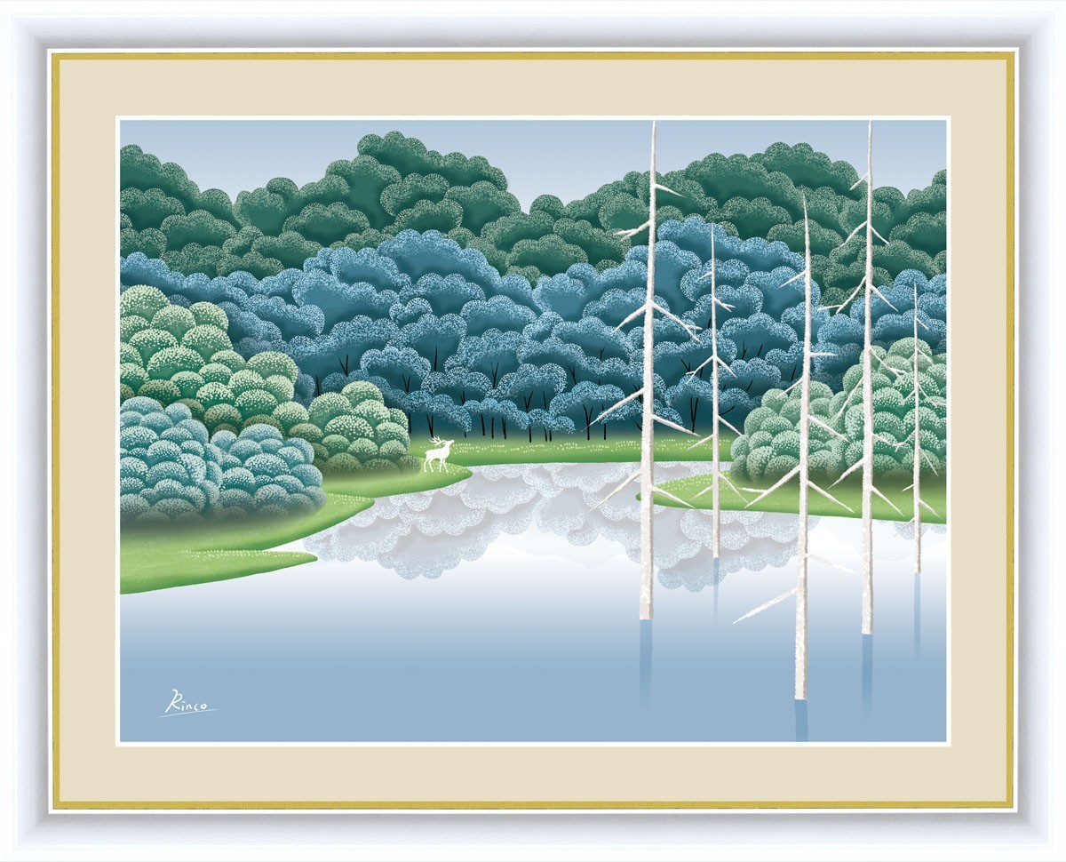  High-definition digital woodcut frame picture forest . lake. exist scenery Takeuchi .. work [ lake . deep green ] F6