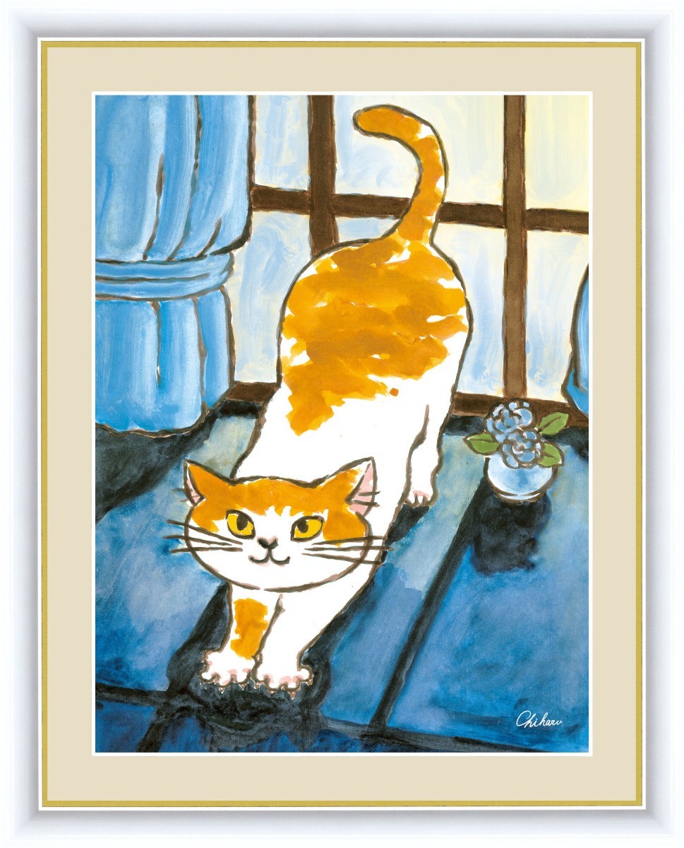 高精細デジタル版画 額装絵画 しあわせのねこ 千 春作 「朝焼けのねこ」 F6_画像1