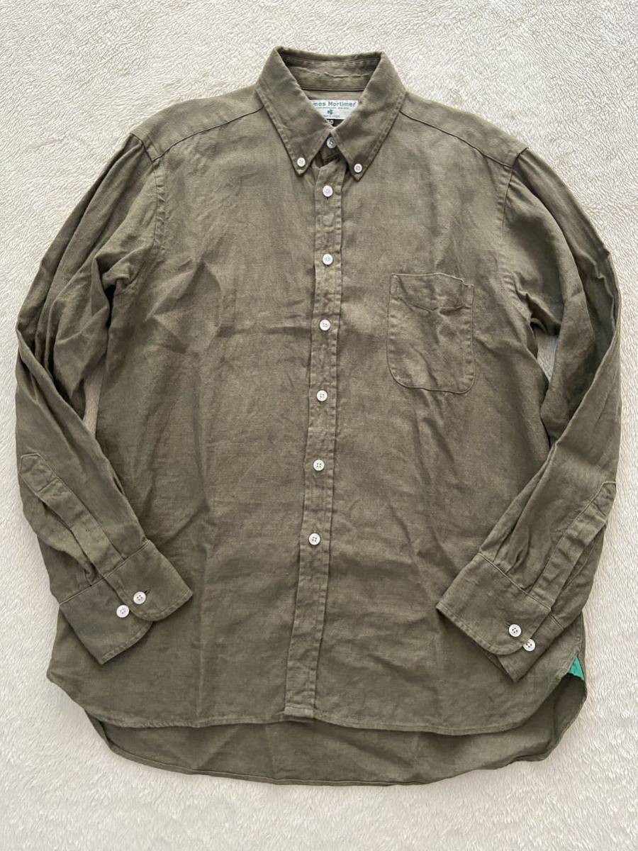 James Mortimer size40 アイルランド製リネンシャツ アイリッシュリネン オリーブ カーキ 長袖シャツ BDシャツ （KI)