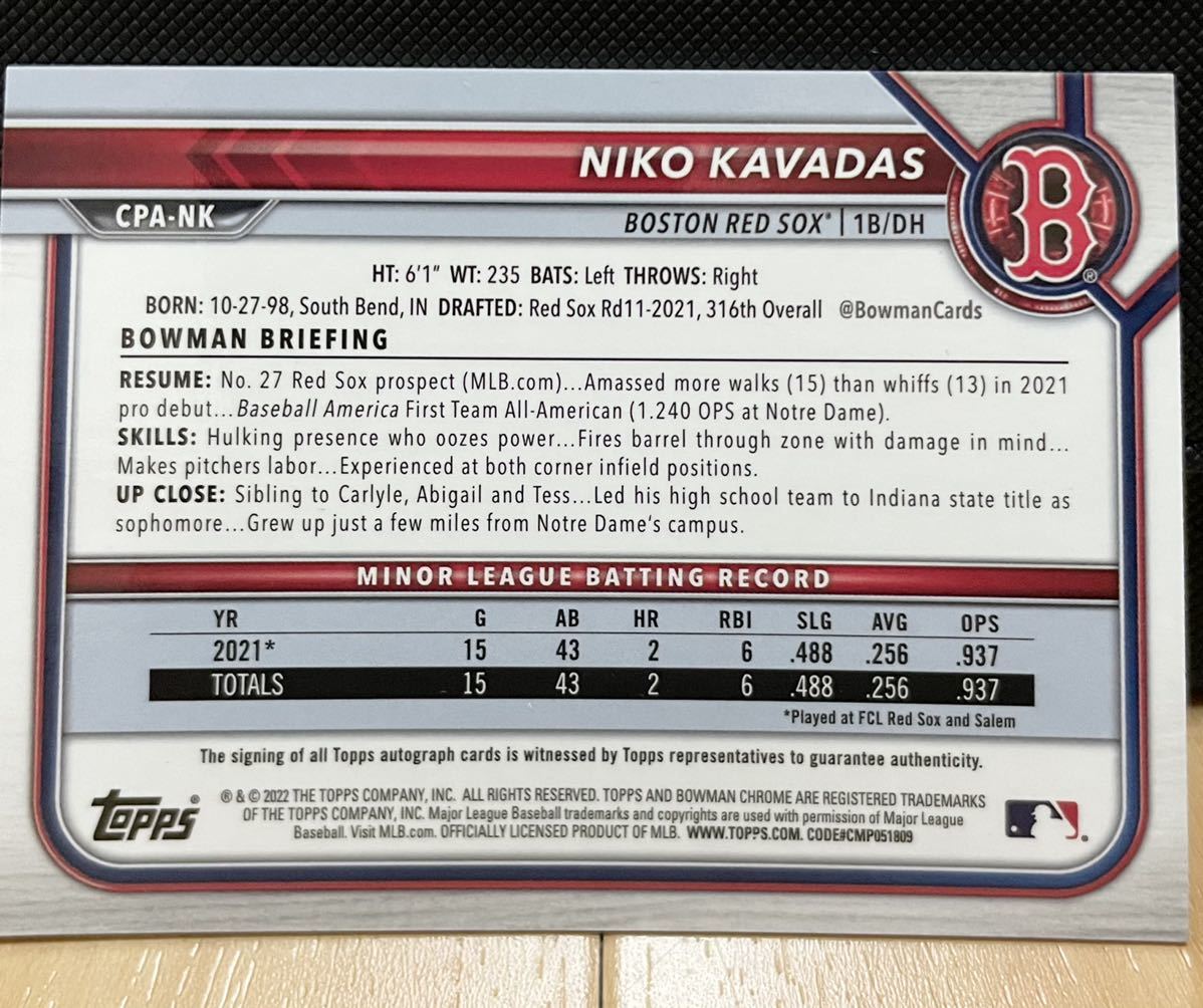 Niko Kavadas, 1st auto, bowman 2022, Boston Redsox, プロスペクト 直筆サイン_画像2