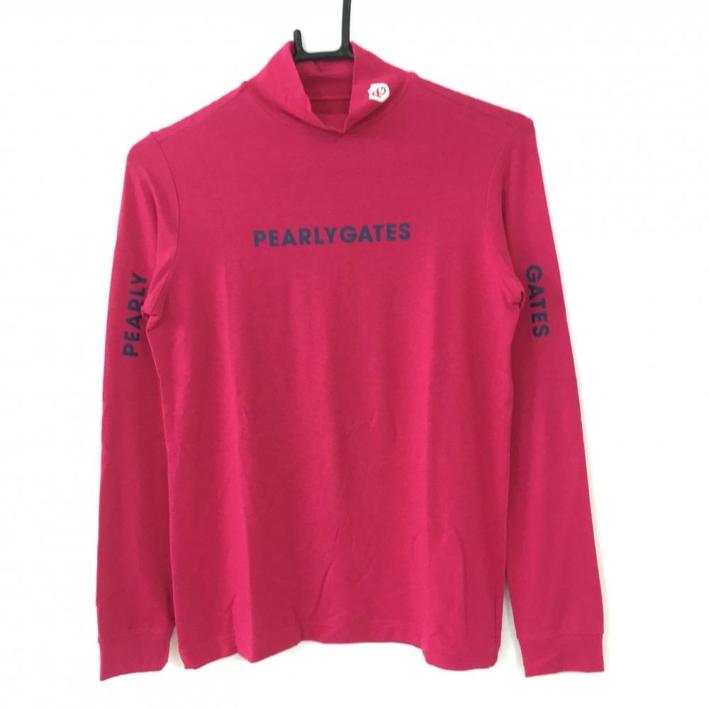 【美品】2021年＊PEARLY GATES パーリーゲイツ 長袖ハイネックシャツ ピンク×ネイビー 表微起毛 レディース 1(M) ゴルフウェア