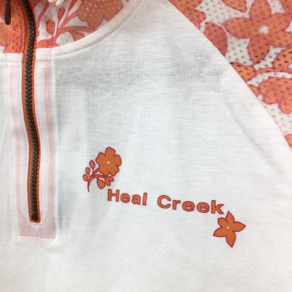 【新品】65％OFF～Heal Creek ヒールクリーク 半袖ハイネックシャツ 白×オレンジ 一部花柄 メッシュ レディース 40(M) ゴルフウェア_画像3