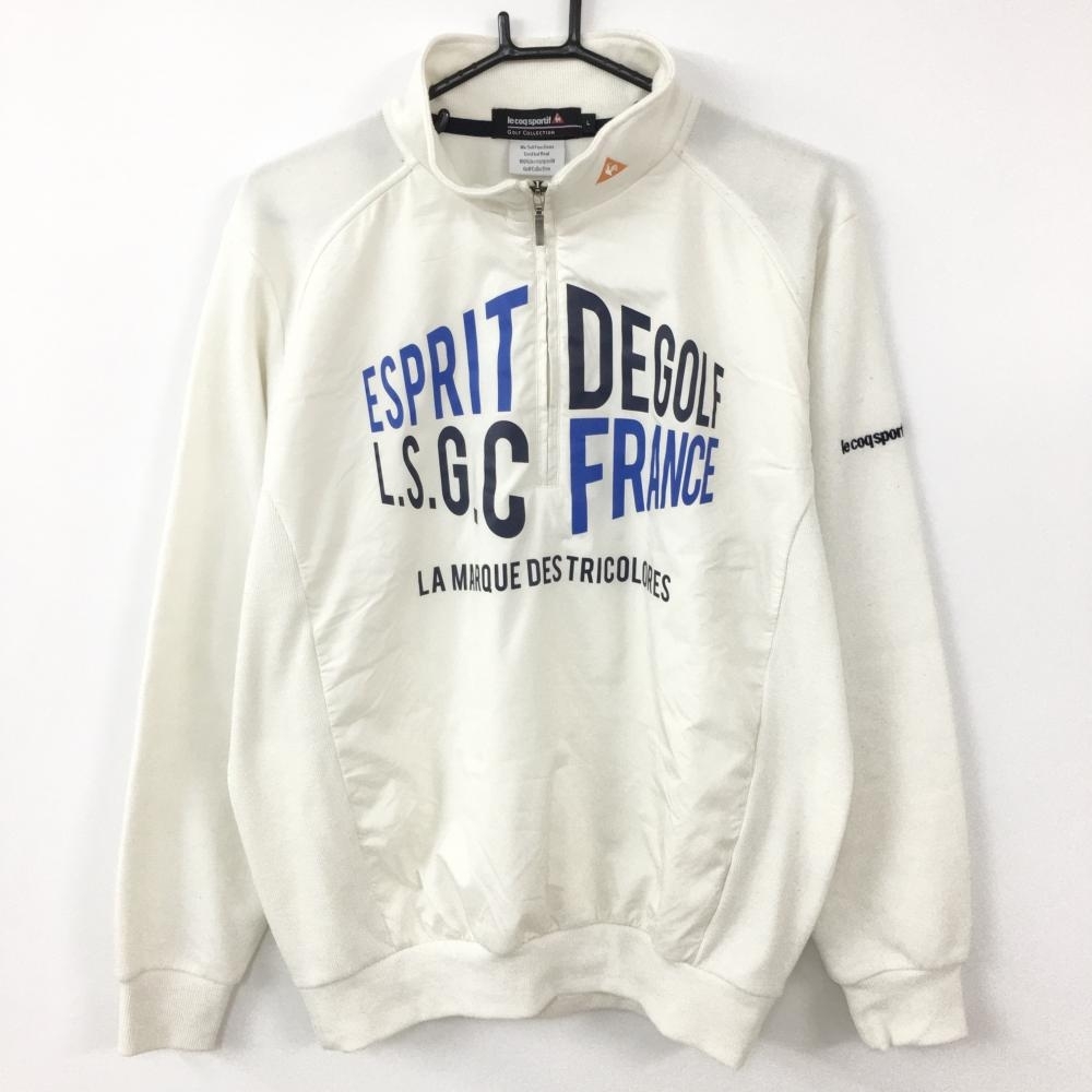 le coq sportif ルコック 異素材ハイネックブルゾン アイボリー×ブルー 裏起毛 ハーフジップ ウール混 メンズ L ゴルフウェア_画像1