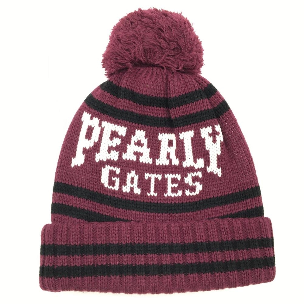 【超美品】PEARLY GATES パーリーゲイツ ボンボン付きニット帽 ボルドー×白 星 ウール混 FR ゴルフウェア_画像2