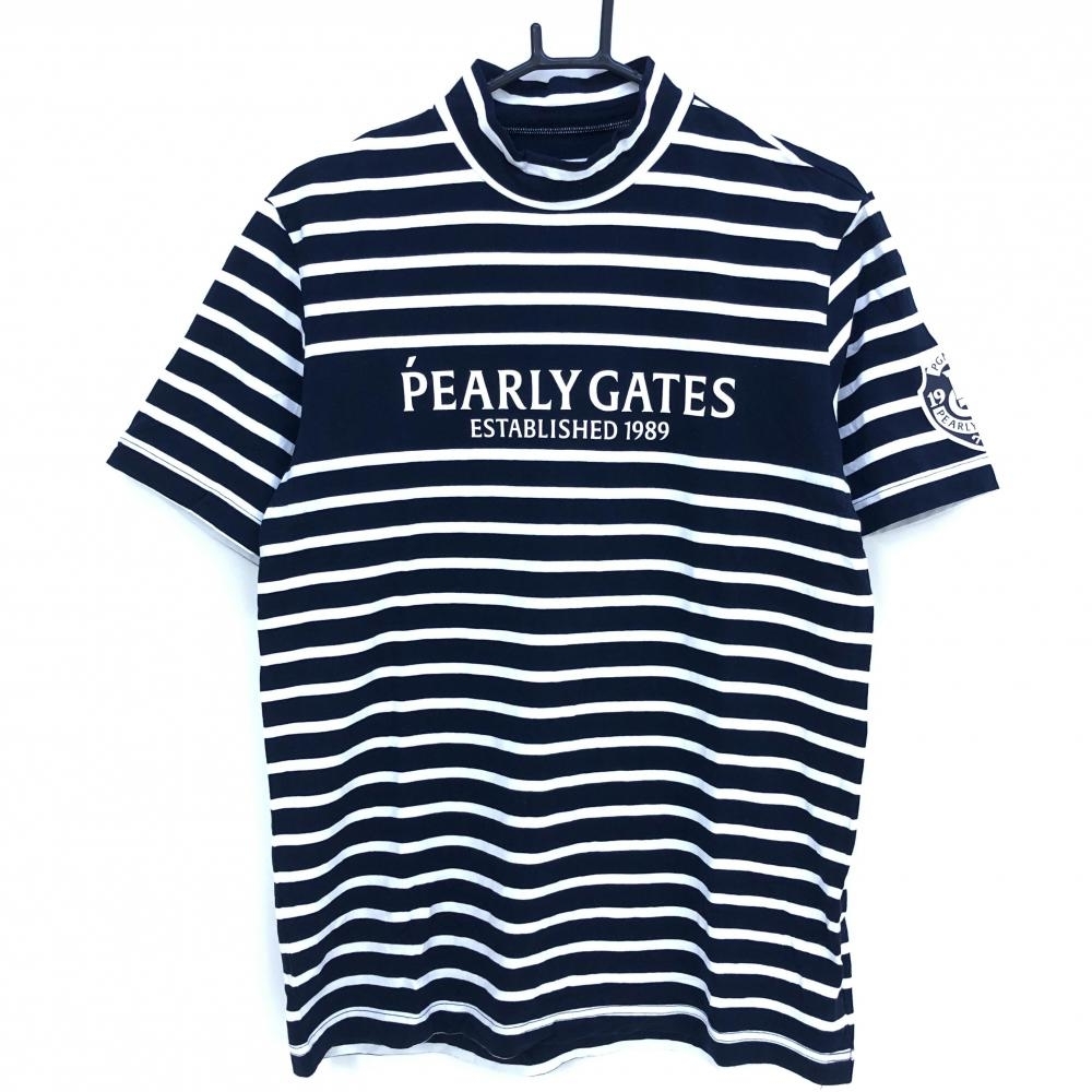 【超美品】パーリーゲイツ 半袖ハイネックシャツ ネイビー×白 ボーダー メンズ 6(XL ) ゴルフウェア 2022年モデル PEARLY GATES