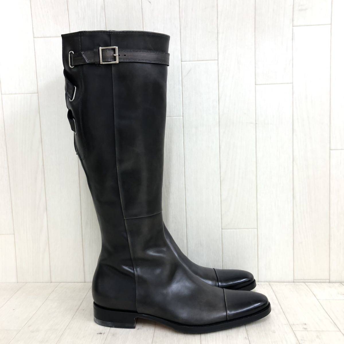 半額】 美品 M1266 Santoni ローヒール ベルト 靴 ブラック系 グレー