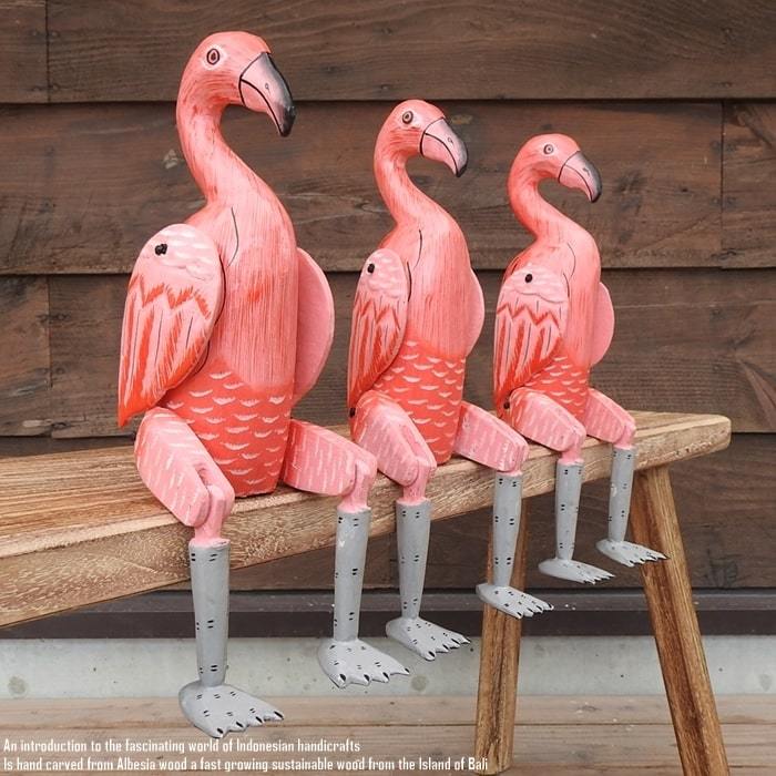 お座り フラミンゴさん Lサイズ ウェルカム人形 鳥 木製 天然木 木彫りの置物 動物インテリア アジアン雑貨 動物置物 木製オブジェ_画像1