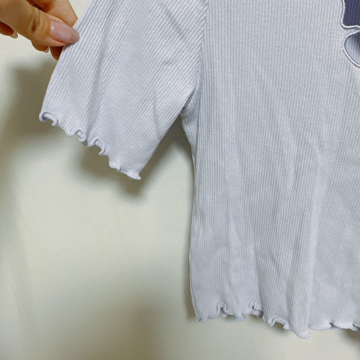 【H&M】バタフライ胸空き半袖リブニットクロップドTシャツ/パープル【Sサイズ】