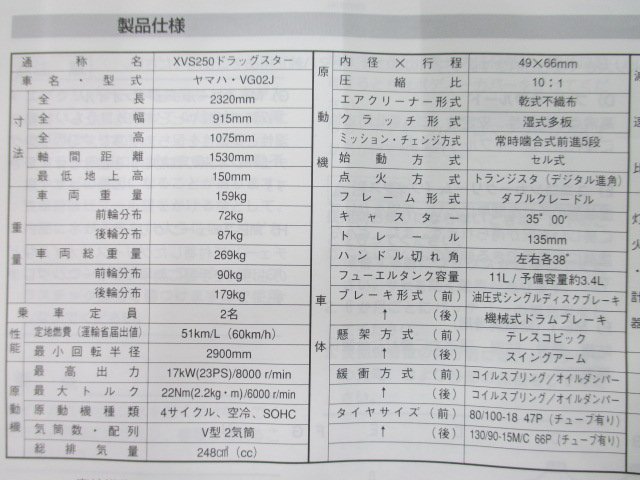 ドラッグスター250 取扱説明書 ヤマハ 正規 中古 バイク 整備書 5KR XVS250 VG02J sh 車検 整備情報_取扱説明書