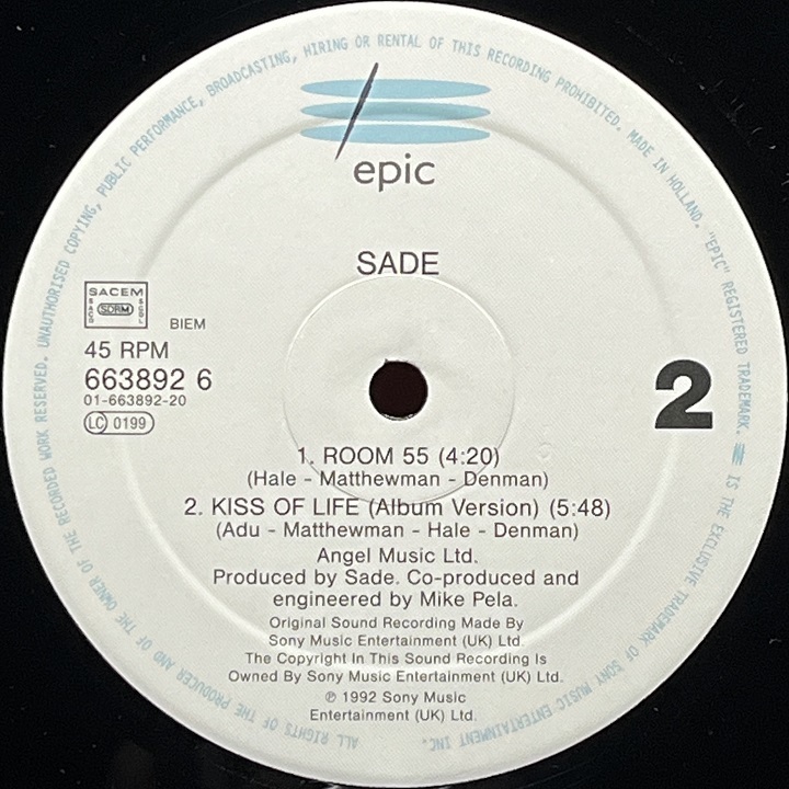 Europe盤 SADE シャーデー Kiss Of Life キス・オブ・ライフ 12inchシングル Love Deluxe アルバム未収録 Room 55の画像10