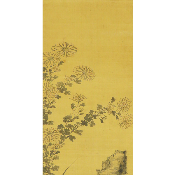 B-3705【模写】山本梅逸 肉筆絹本淡彩 菊花図 掛軸/南画家 御用絵師 名古屋 日本画 花鳥図 大和絵 書画_画像4