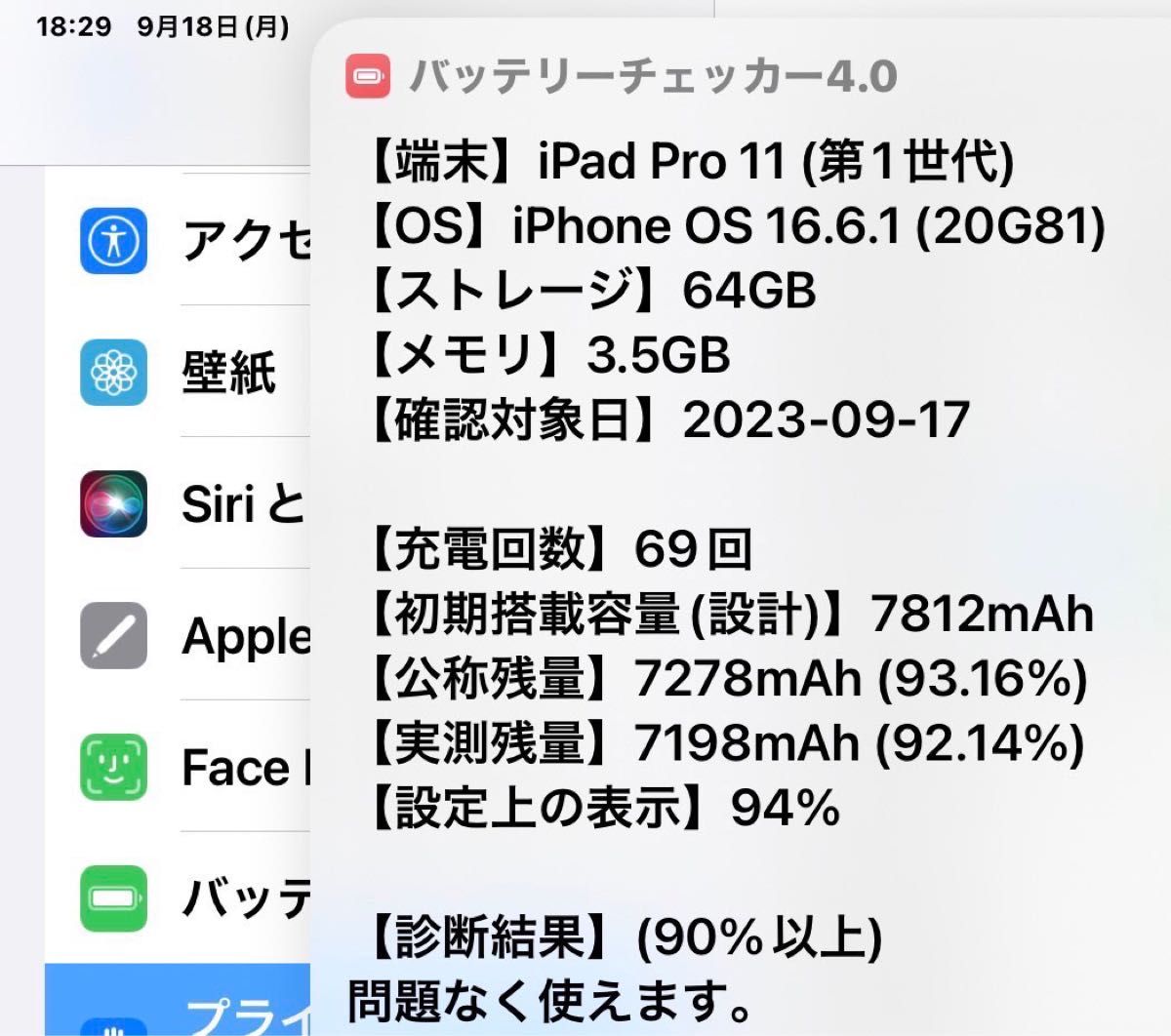 バッテリー容量94%】iPad Pro 11インチ 第1世代 64GB Apple バッテリー容量94%】iPad Pro 11インチ 第1世代 64GB Apple