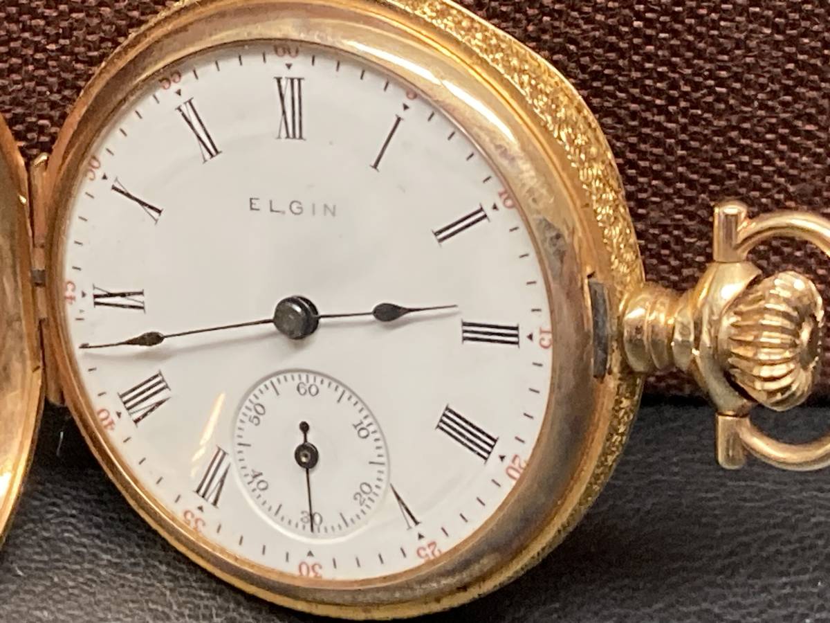 【稼働品】★ELGIN WATCH】エルジン 懐中時計 14K 金無垢 12986・GOLDゴールド手巻き 白文字盤スモセコアンティーク３２ｇ★14586管理番号_画像1