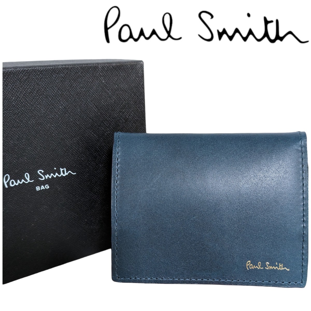 新品 ポールスミス Paul Smith 折り財布 クラシックウォレット ボタン開閉式 マルチストライプ ブルーグレー 牛革 紳士 メンズ_画像1