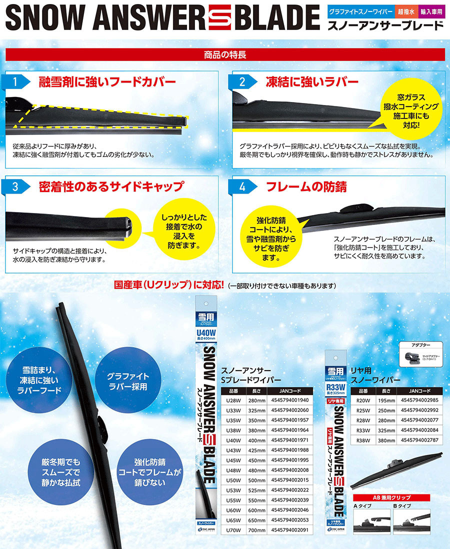 ファミリアSワゴン BJ5W BJ8W BJFW スノーワイパー 運転席 助手席セット 2本セット U53W U48W 雪用ワイパー ZAC JAPAN製 激安 送料無料_画像2