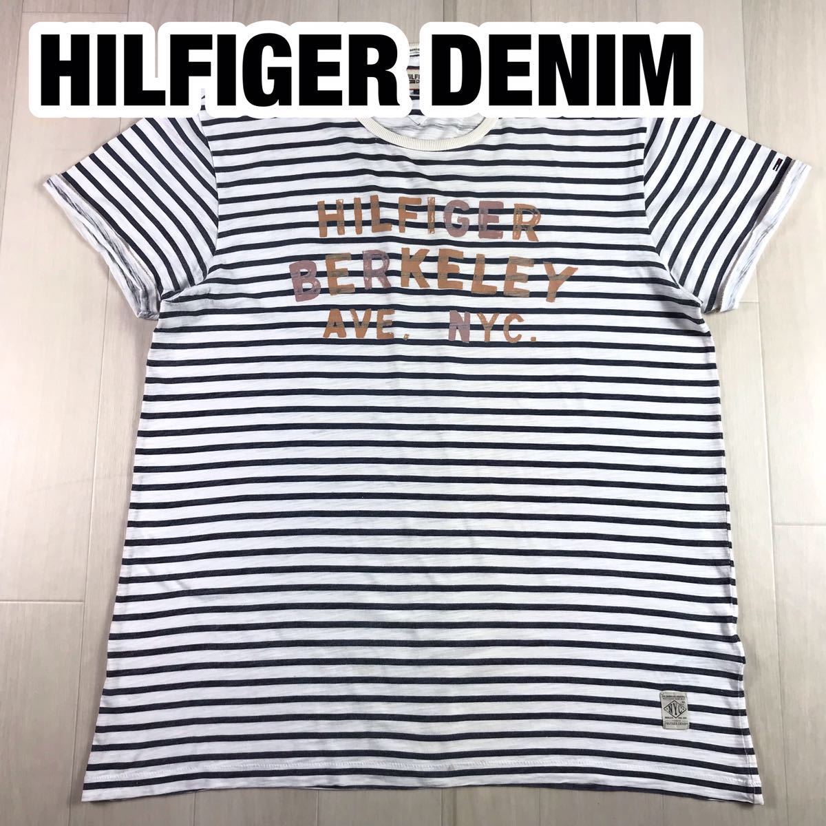 HILFIGER DENIM ヒルフィガー デニム 半袖 Tシャツ XL ボーダー柄 プリント 刺繍ロゴ ビッグサイズ_画像1