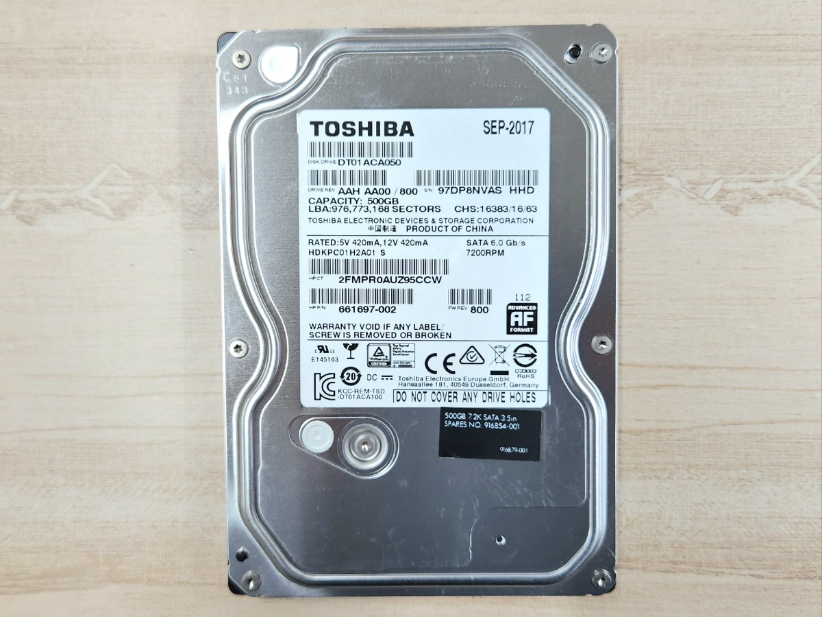 【送料無料】中古HDD 500GB 3.5インチ 東芝 DT01ACA050 SEP-2017 TOSHIBA 動作確認済 健康状態:正常 HDD 内臓HDD 送料無料 3.5インチ⑳_画像1