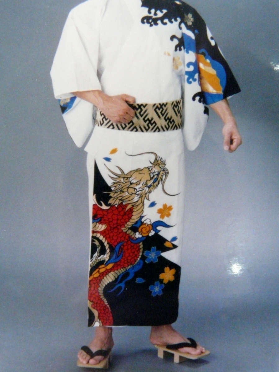 海外最新 日本の歳時記 絵羽ゆかた 反物 浴衣 東京本染  龍 桜 波