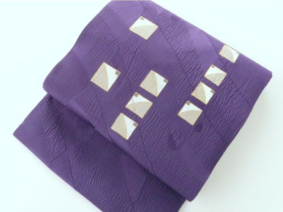 格安即決 正絹 名古屋帯 八寸帯 175 仕立上り 四角 金彩 紫色 仕立て