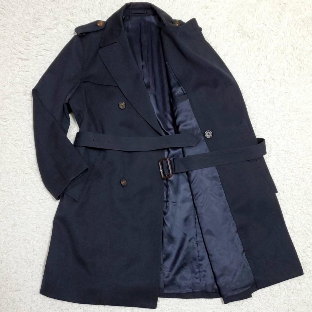 極美品 XL ラルディーニ ダブル トレンチ コート ウール コットン 50 ベルト 紺 イタリア製 LARDINI アウター ロング 秋冬 ネイビー 紳士