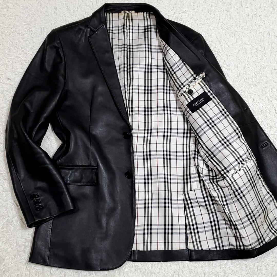 極美品 M バーバリーブラックレーベル ラムレザー テーラードジャケット 黒 ノバチェック 裏地総柄 BURBERRY BLACK LABEL 羊革