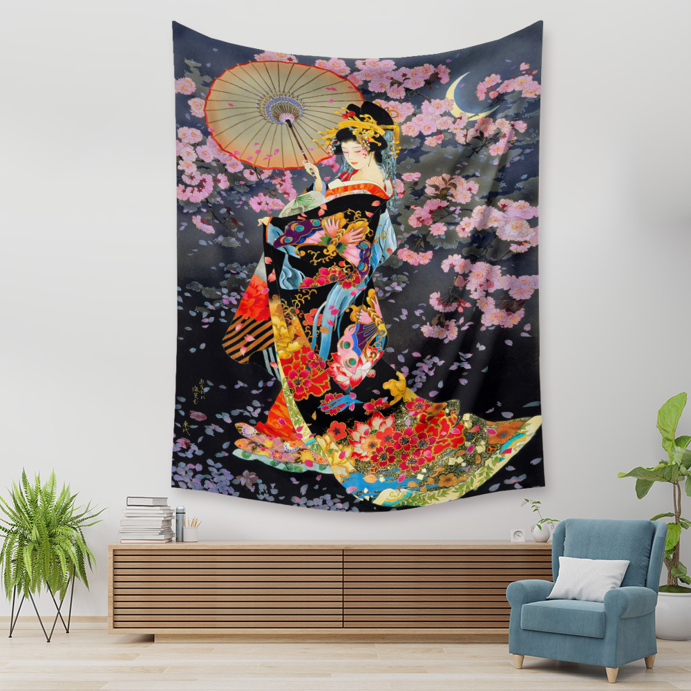 タペストリーF45　花魁　舞妓　京都　和風　和室　お土産　桜　着物　月光　日本風　壁デコレーション　アート　美術品_画像1