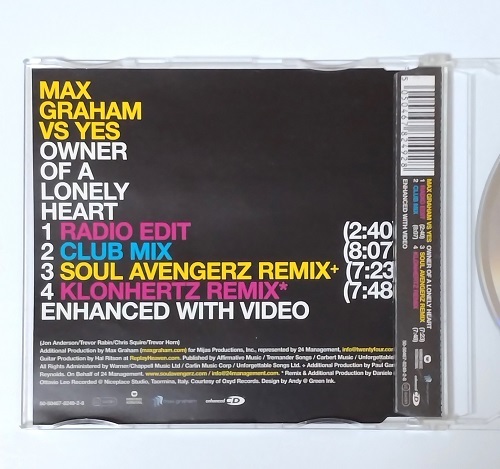 【CD single】MAX GRAHAM VS YES - OWNER OF A LONELY HEART イエス ロンリーハート リミックス 80s ダンス フィルターハウス 希少盤_画像2