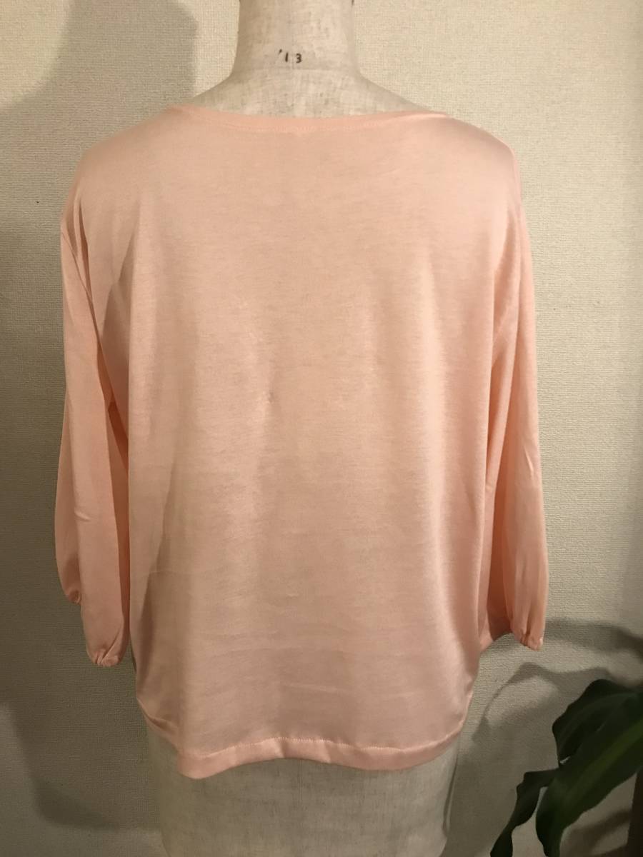 ピンクのコットンTシャツ　七分袖　バラ柄ステンシル　手作り　新品_画像4