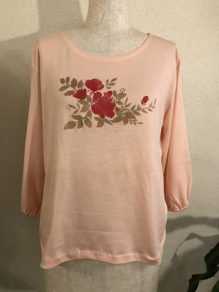 ピンクのコットンTシャツ　七分袖　バラ柄ステンシル　手作り　新品_画像1