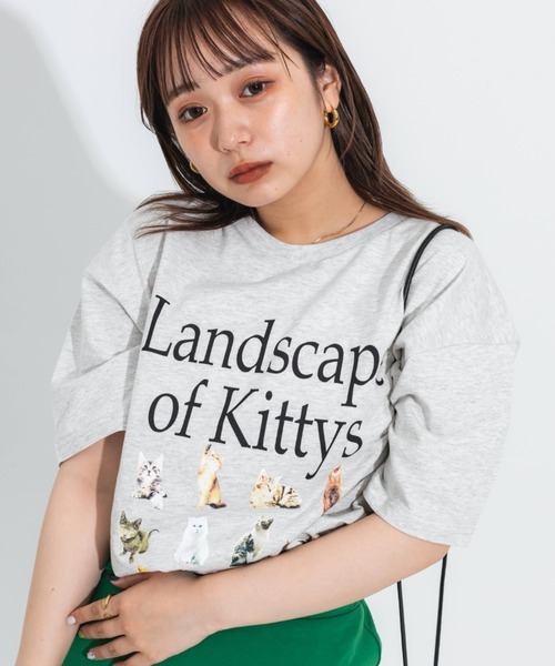 nemne　キャットプリント Tシャツ　（オートミール）　ビッグシルエット　オーバーサイズ　猫　ネコ　綿100％_見本です。Tシャツ以外は全て付きません。