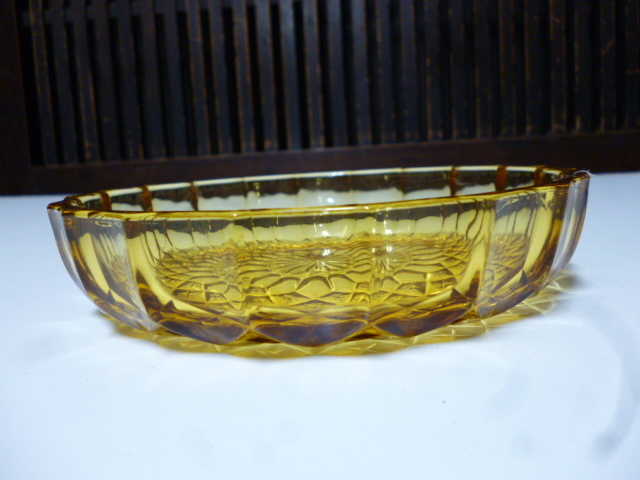 昭和レトロ ガラス 器 鉢 皿 セット アンバー 琥珀 切子 プレス プレート アンティーク キッチン インテリア ディスプレイ 什器 (ニの画像3