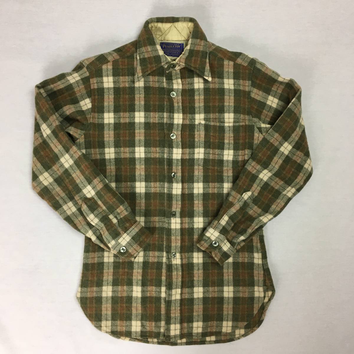 【70s】PENDLETON ペンドルトン 米国製 ウールシャツ Sサイズ グリーン/ベージュ/ブラウン チェック柄 70年代 長袖_画像1