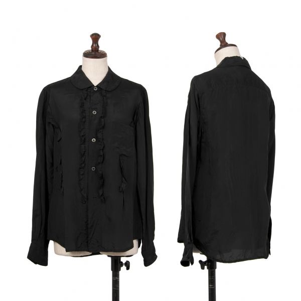 ブラックコムデギャルソンBLACK COMME des GARCONS キュプラフリル装飾ラウンドカラーシャツ 黒M 【レディース】