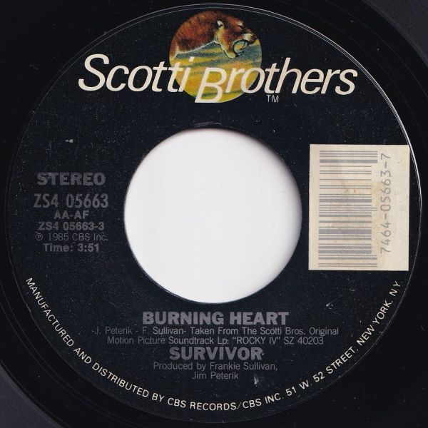 Survivor Burning Heart / Feels Like Love Scotti Bros. US ZS4 05663 203671 ROCK POP ロック ポップ レコード 7インチ 45_画像1