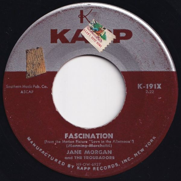 Jane Morgan Fascination / Whistling Instrumental - Fascination Kapp US K-191X 203782 JAZZ ジャズ レコード 7インチ 45_画像1